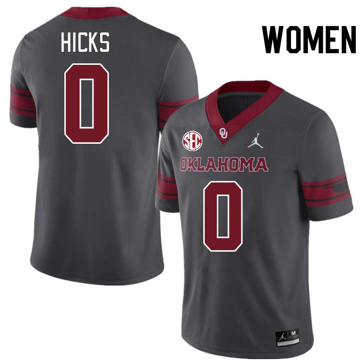 Women #0 Kalib Hicks Oklahoma Sooners 2024 SEC Conference College Football Jerseys-Charcoal
